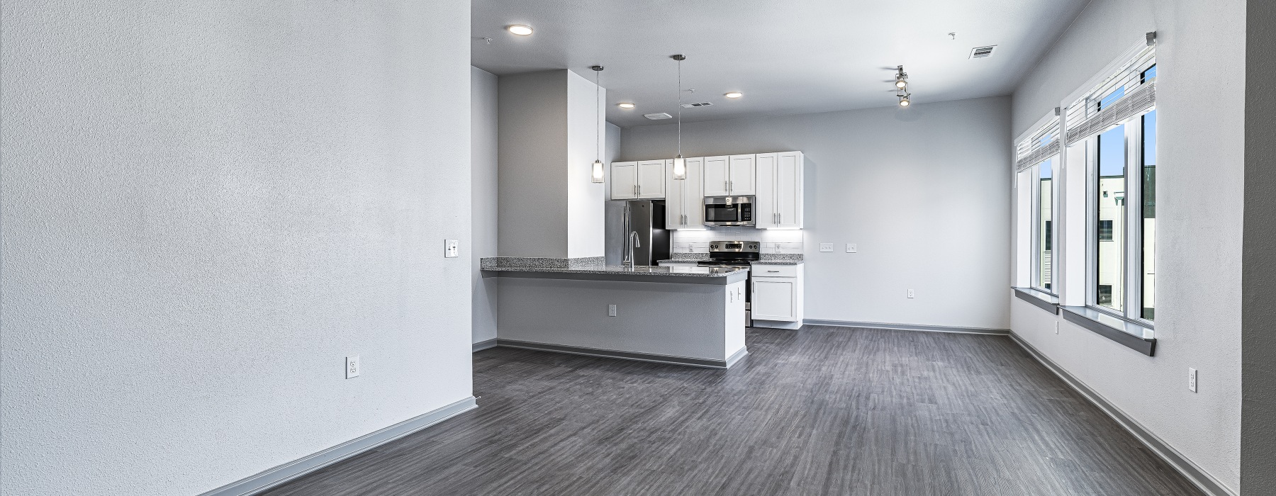 Interior phot featuring grey faux wood flooring, stainless steel appliances, and and tons of natural light. 